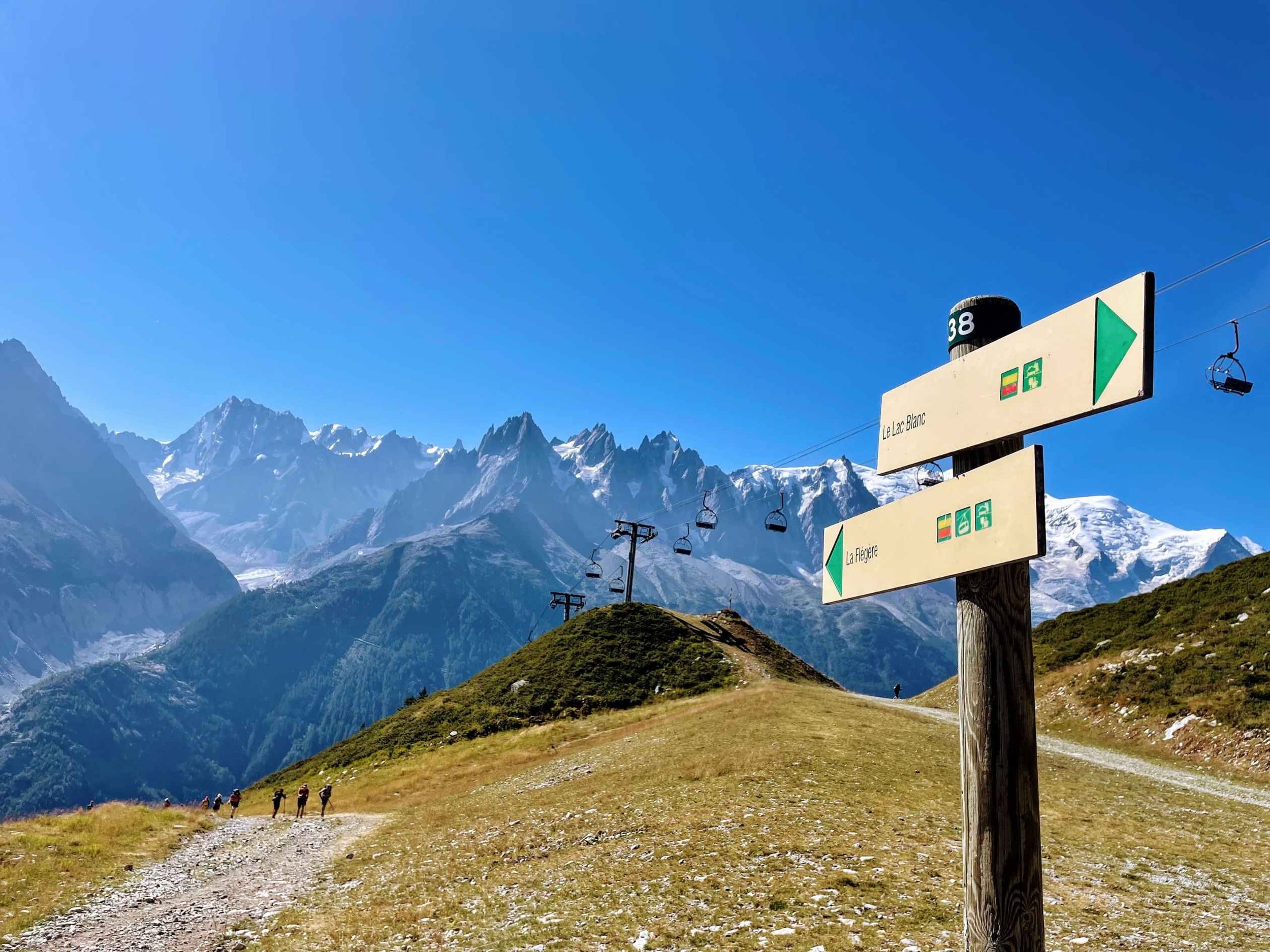 Lac Blanc hike signpost on La Flégère to Lac Blanc hiking trail.