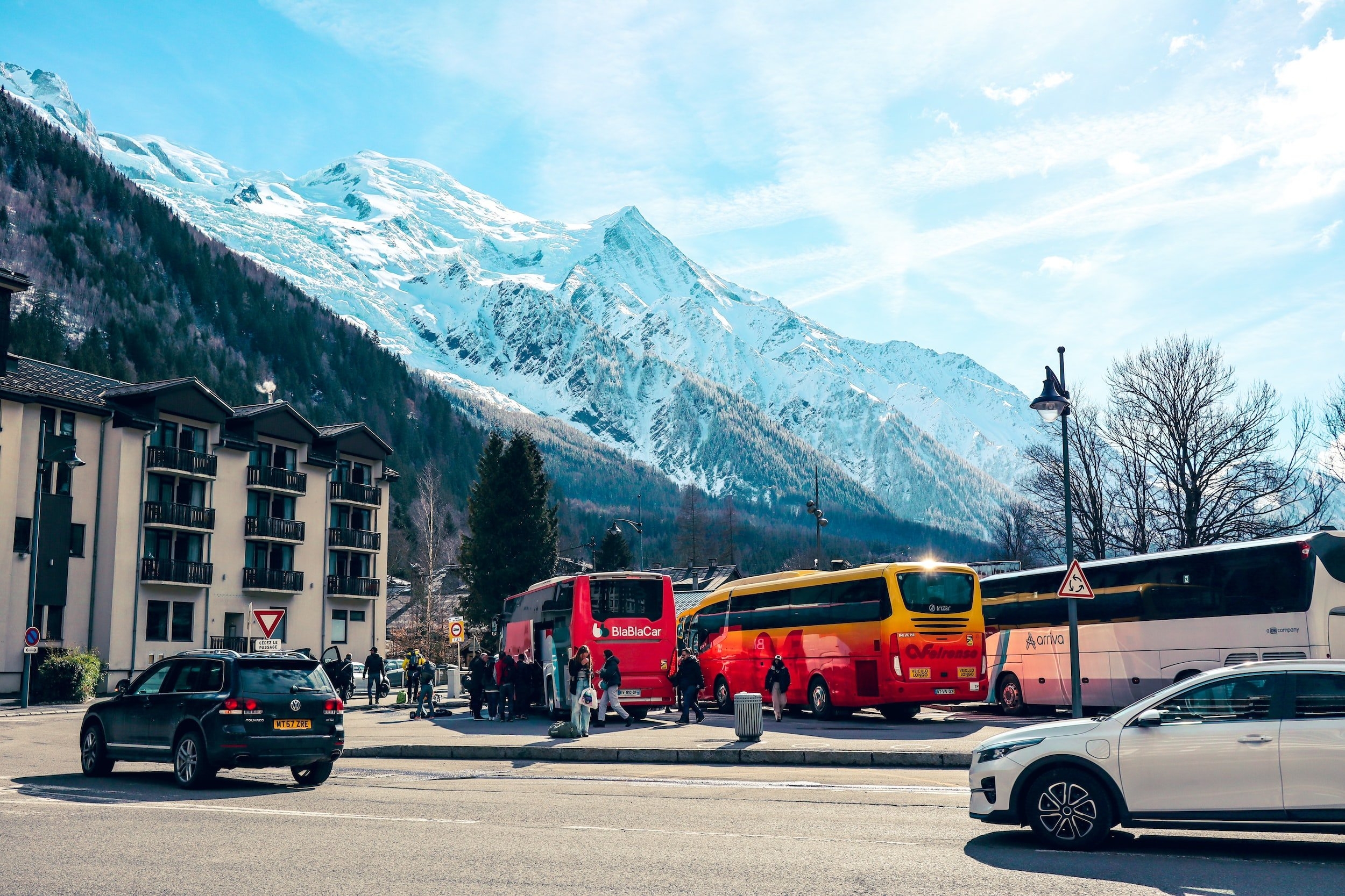 Chamonix busses parked in Les Praz Chamonix car park.